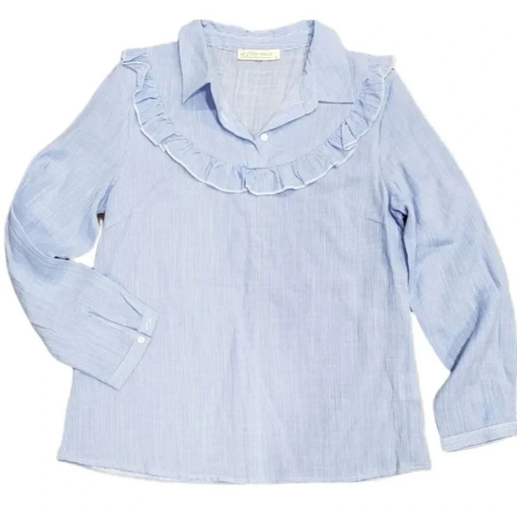 La P'tite Etoile Paris Blue Linen Railroad Stripe Ruffle Blouse 2 - Picture 1 of 5